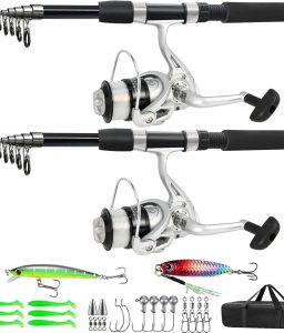 Fishing Pole Combo, 6.9ft 2Pcs Telescopic Rods Set, Collapsible Carbon Fiber Fishing Rods, 2PCS Spinning Reel Set with Carrier Bag Freshwater Fishing Rod and Reel Combos Kits