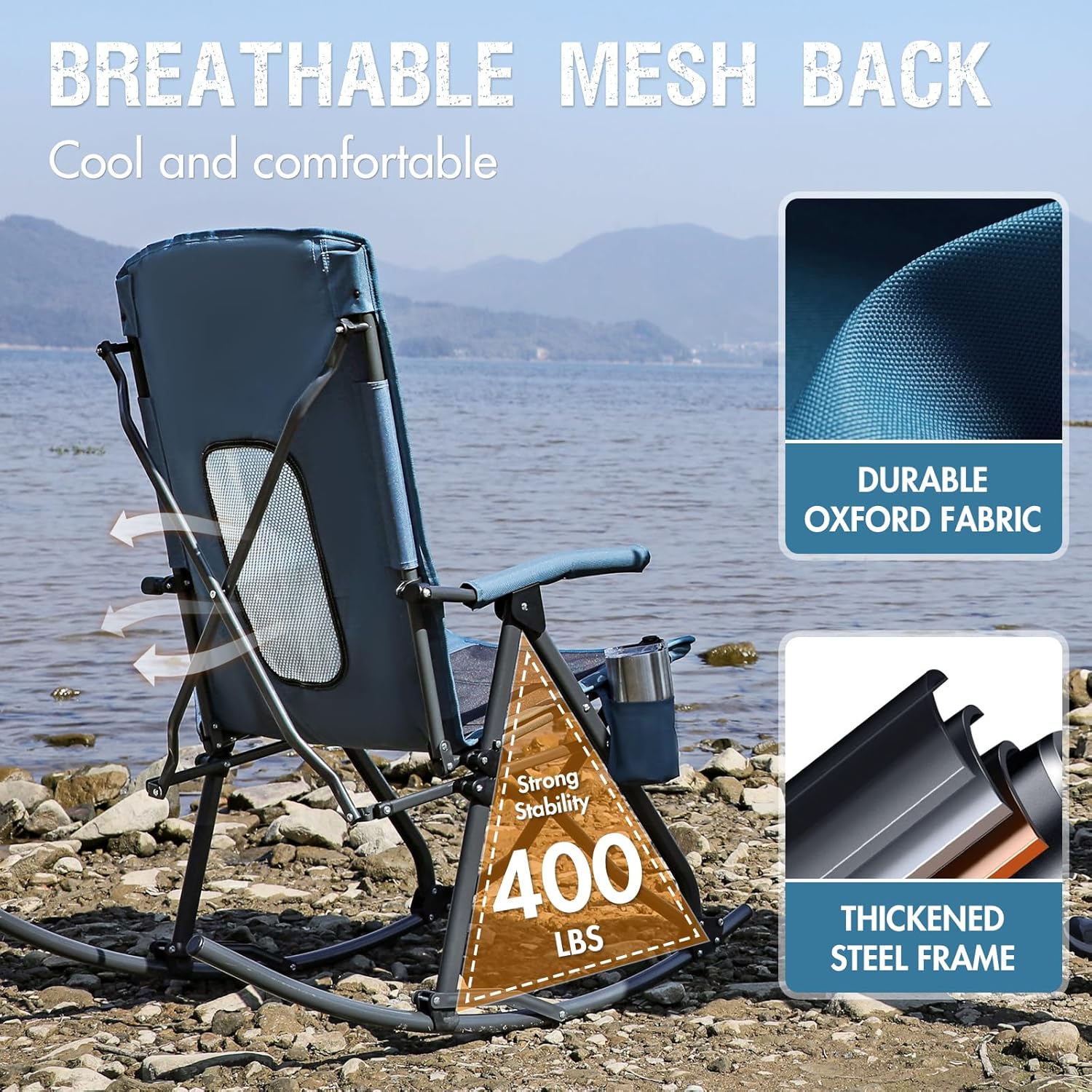 PORTAL Oversized Folding Rocking Camping Chair Portable Outdoor Rocker with High Back Hard Armrests Carry Bag, Supports 400 lbs, Mesh Back - Image 6