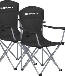 SONGMICS 2 Pack Folding Camping Chairs, Load 330 lb, Cup Holder and High Backrest, Heavy-Duty Structure, for Lawn, Garden, Fishing, Terrace
